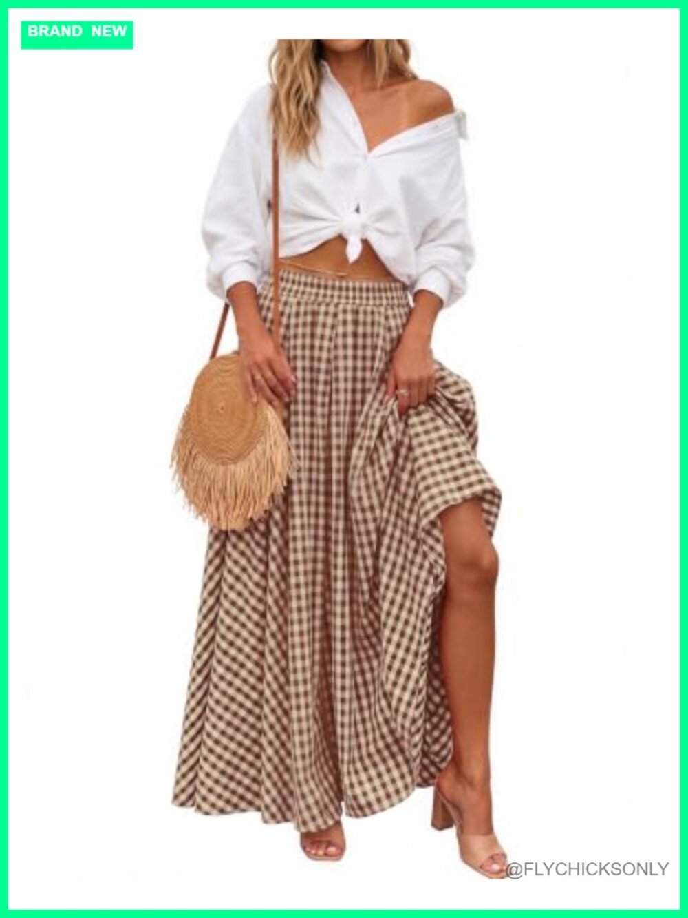 Womens Gingham Maxi Skirt Plaid A-Line Midi with Pockets Cotton Blend